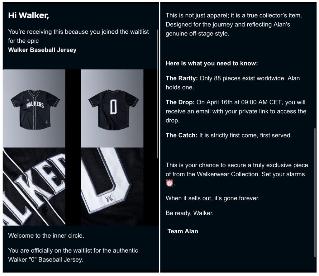 Split-screen promotional email about the Walker Baseball Jersey: left shows jersey images and welcome text; right lists rarity, drop details, and how to access the drop.