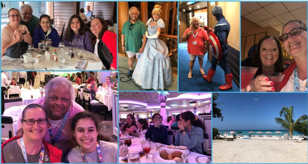 Collage of people dining together, posing with a cosplayed princess and Captain America, and enjoying drinks at a resort, plus a beach scene.