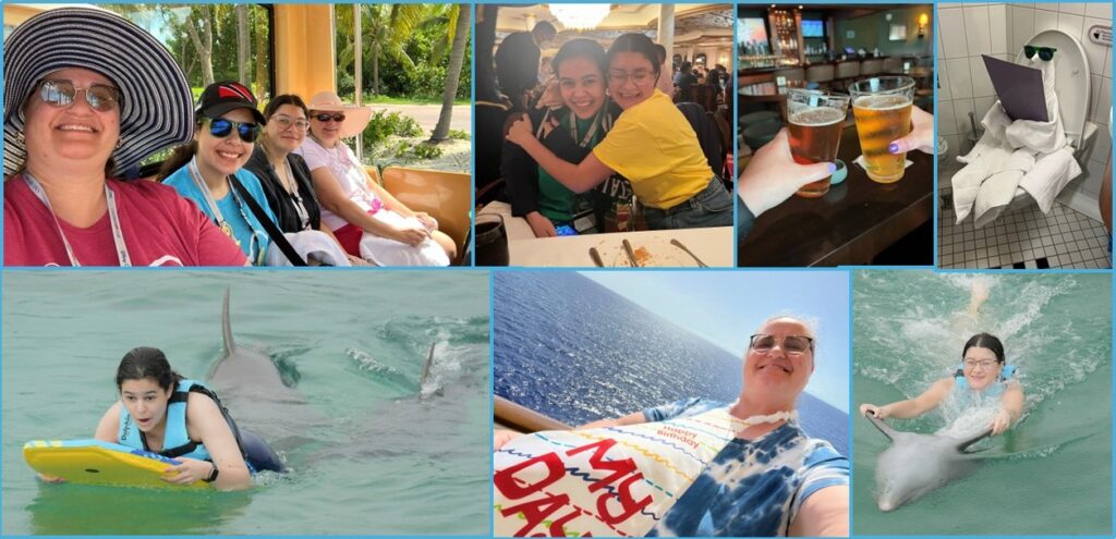 Collage of travel photos: group of friends on a boat, two people hugging at a dining table, toasting beers, and a bathroom scene with towels on the floor.