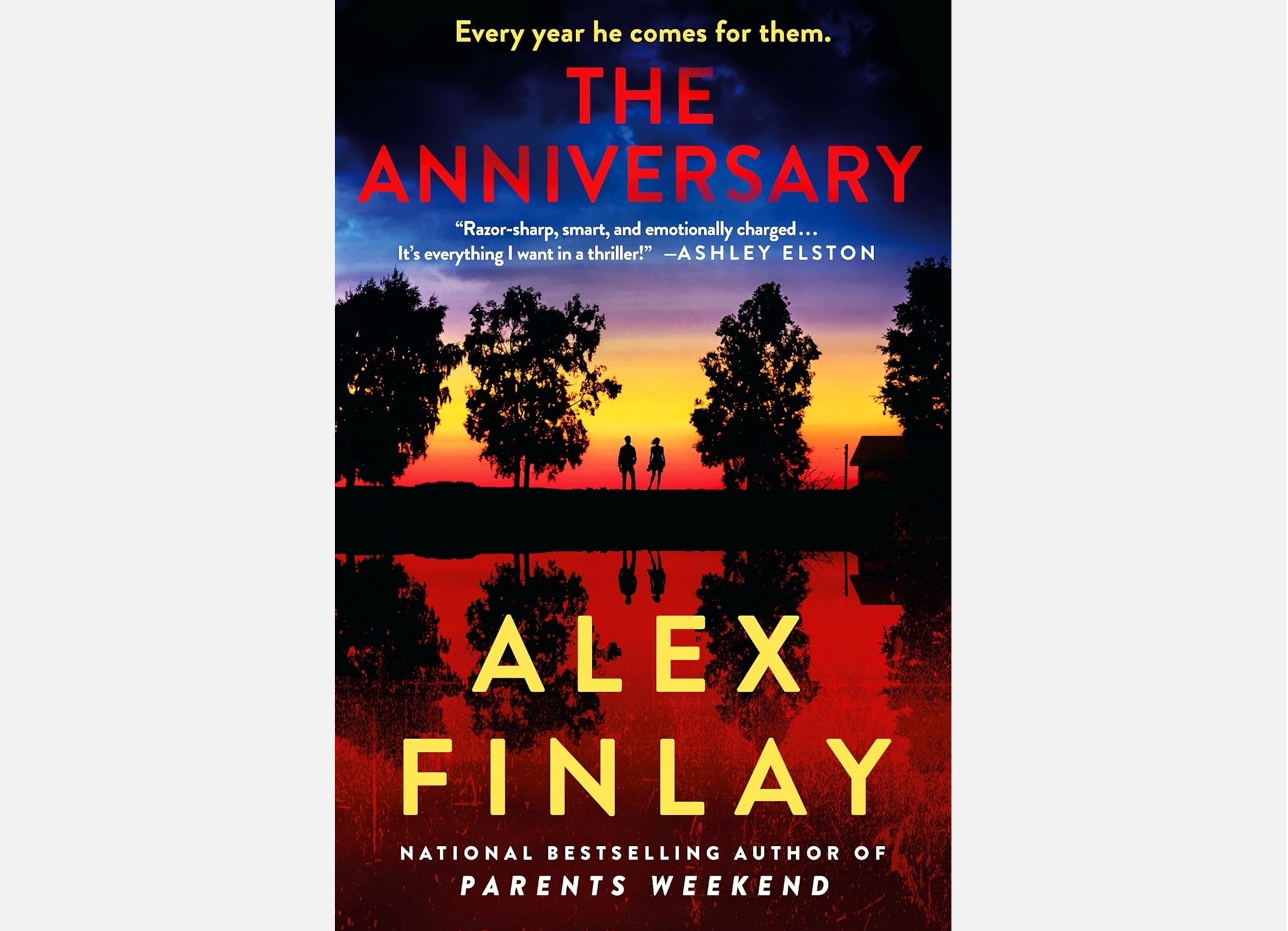 Book cover for 'The Anniversary' by Alex Finlay showing a sunset silhouette scene with two people and trees, bold red title text at top and yellow author name at bottom