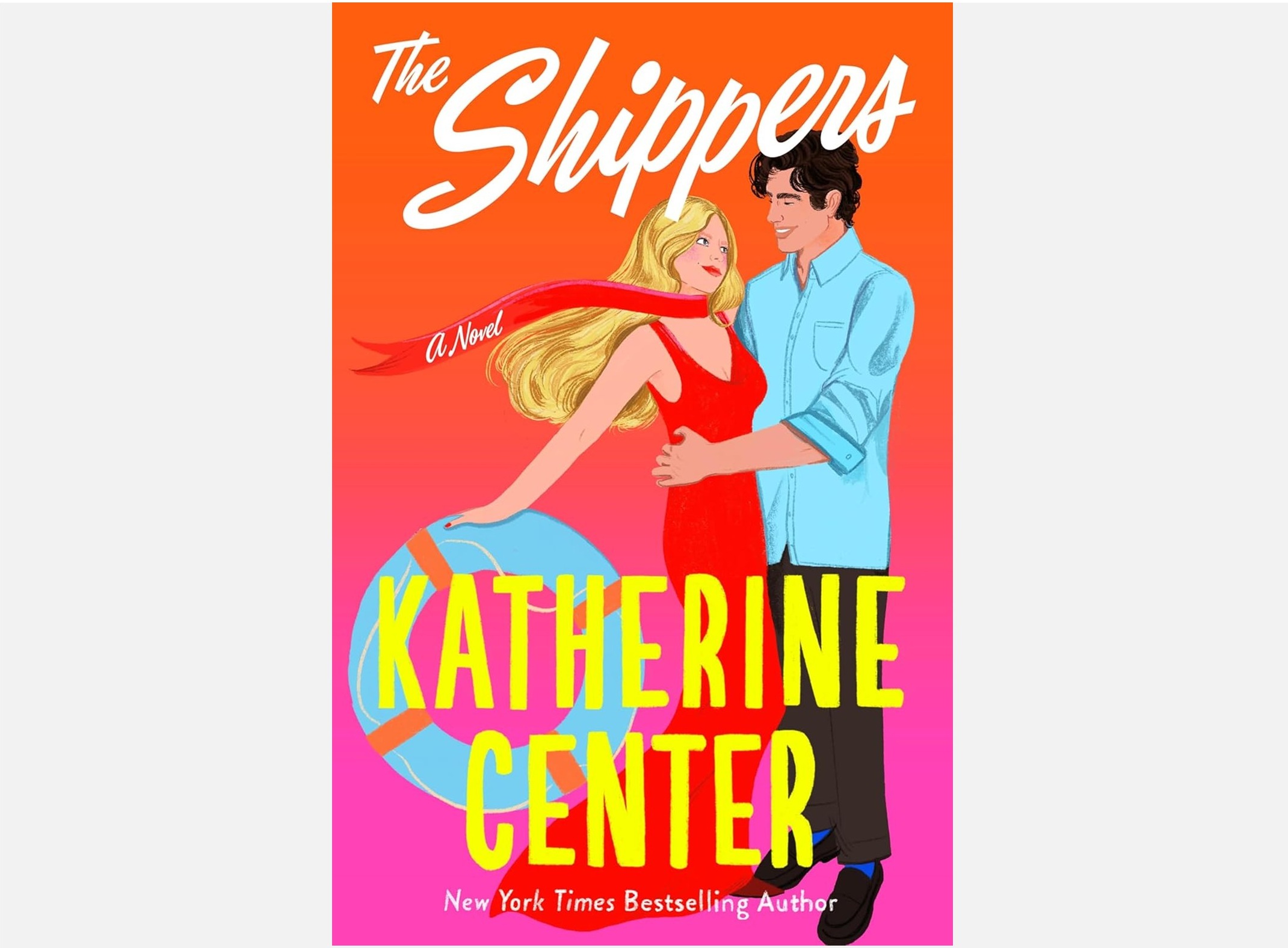 Book cover of 'The Shippers' showing a couple embracing against a bright orange background; author Katie Brenner visible at bottom.