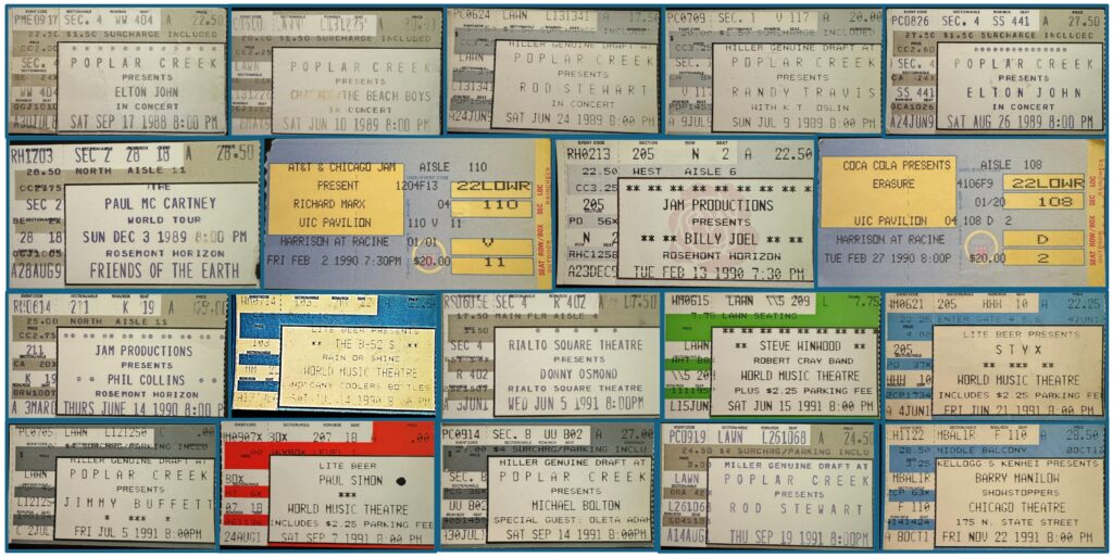 Collage of vintage concert tickets for multiple shows at Poplar Creek, featuring acts like Elton John, Paul McCartney, Billy Joel, and more in a grid layout.