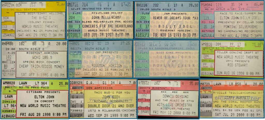 Collage of vintage concert tickets and passes from 1990s shows, primarily Elton John at various venues