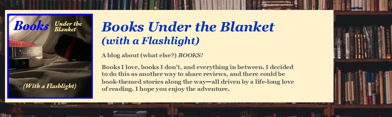 Blog header banner: title 'Books Under the Blanket (with a Flashlight)' beside a blue-framed image of a flashlight and books on a beige background.