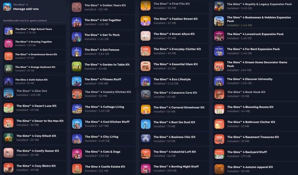 Grid of The Sims 4 expansion packs with names and sizes listed (e.g., high to low) in a dark blue interface layout, columns of DLCs visible.