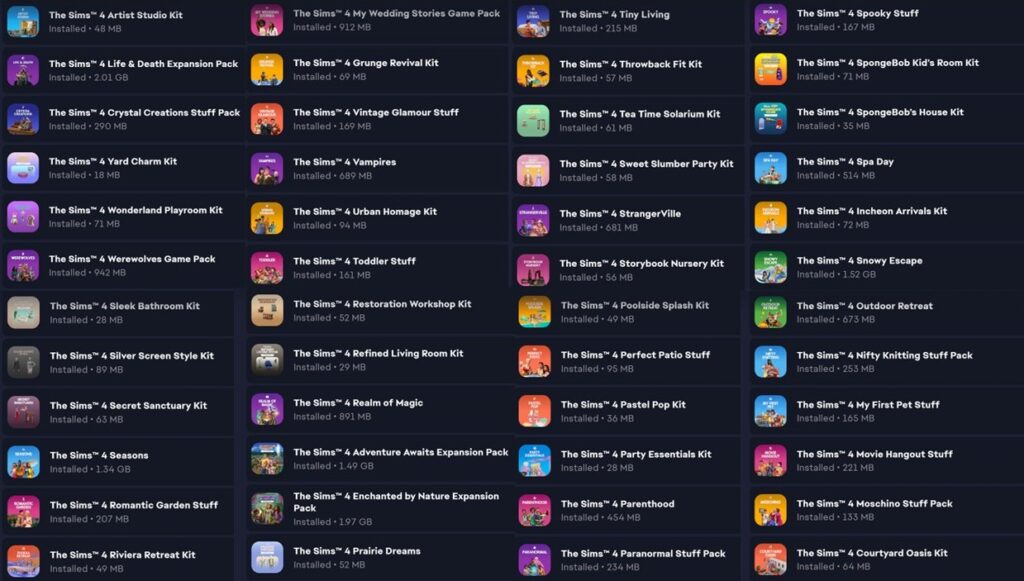Screenshot of The Sims 4 item library showing many packs with 'Installed' status and sizes (MB/GB).