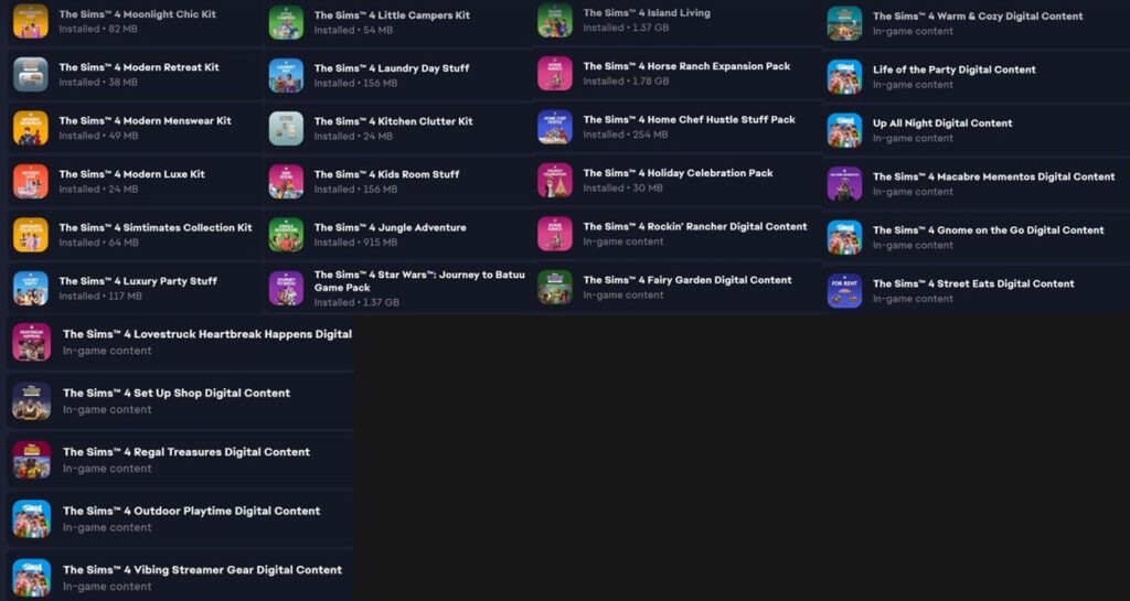 Gallery of The Sims 4 digital content packs, all marked Installed, in a grid view.