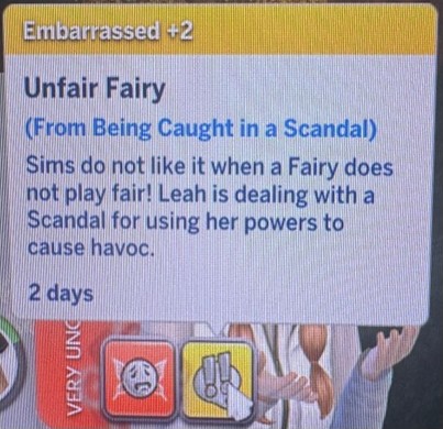 In-game card titled 'Unfair Fairy' with Embarassed +2, explaining a fairy named Leah dealing with a scandal for using her powers to cause havoc; bottom action icons visible.