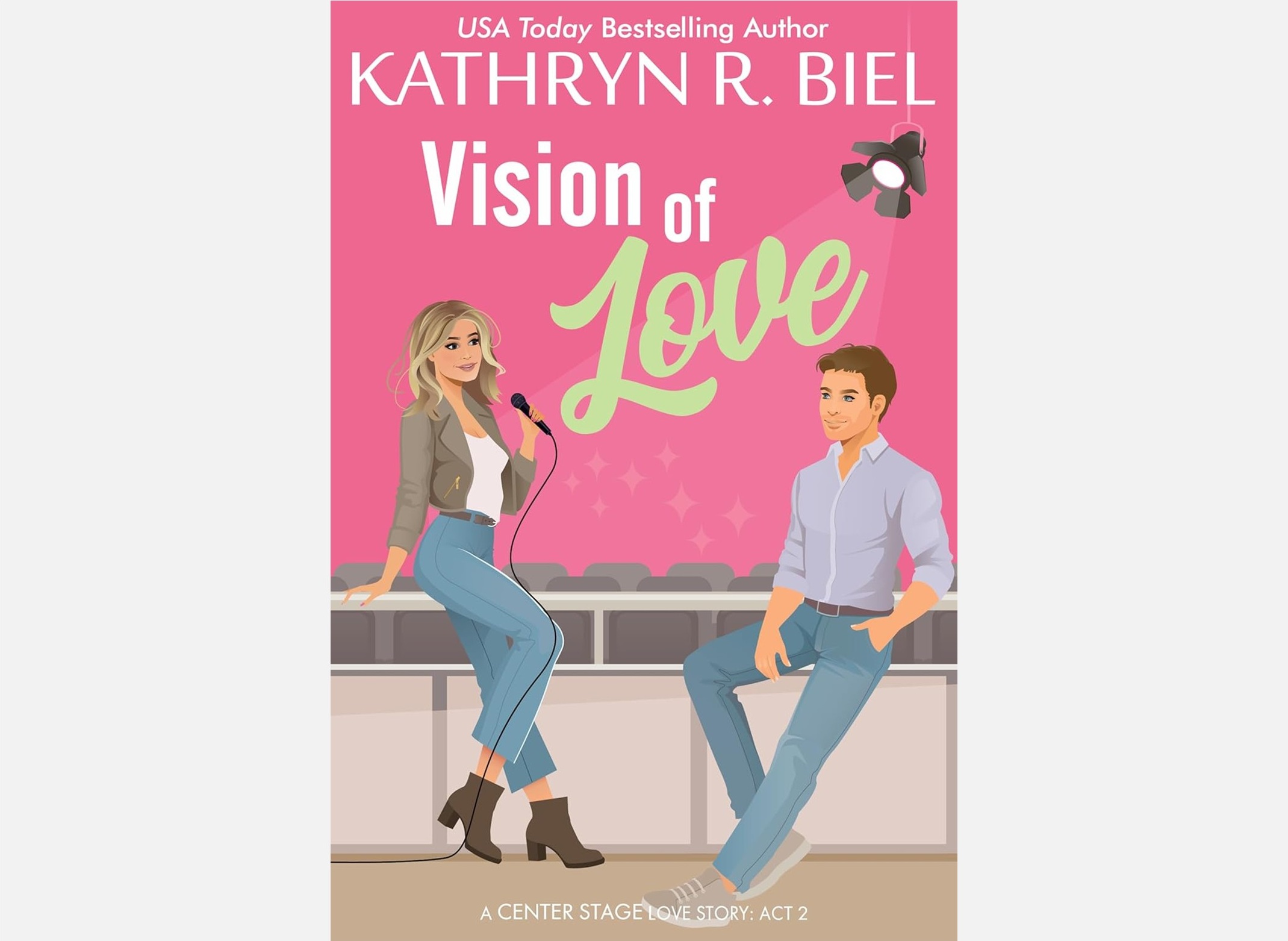 Poster for a romance play: pink background, a woman singing with a mic and a man standing beside a stage, title 'Vision of Love' and author name at top.