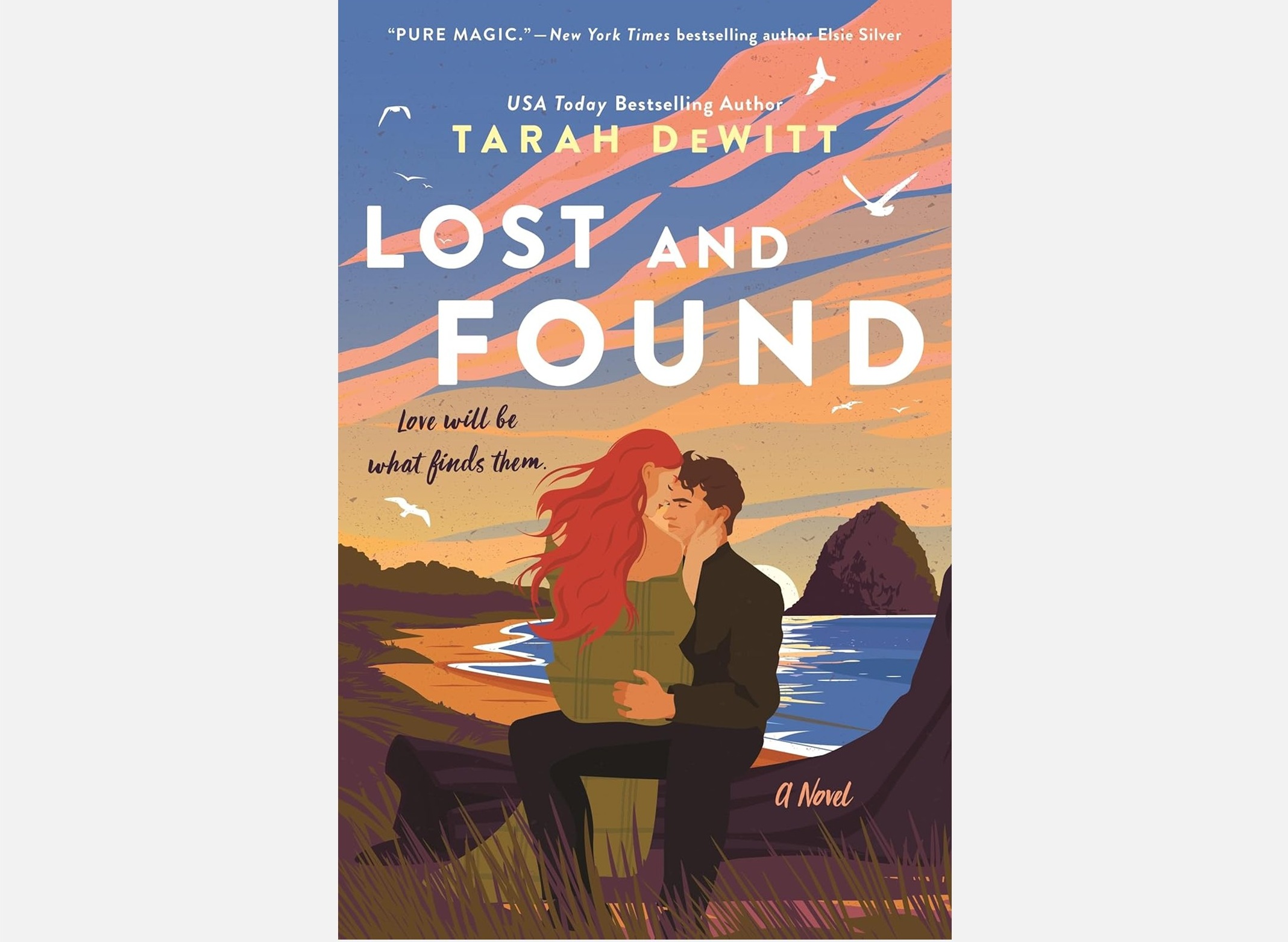 Cover of Lost and Found by Tarah Dewitt: a couple kissing by sunset on a rocky shoreline.