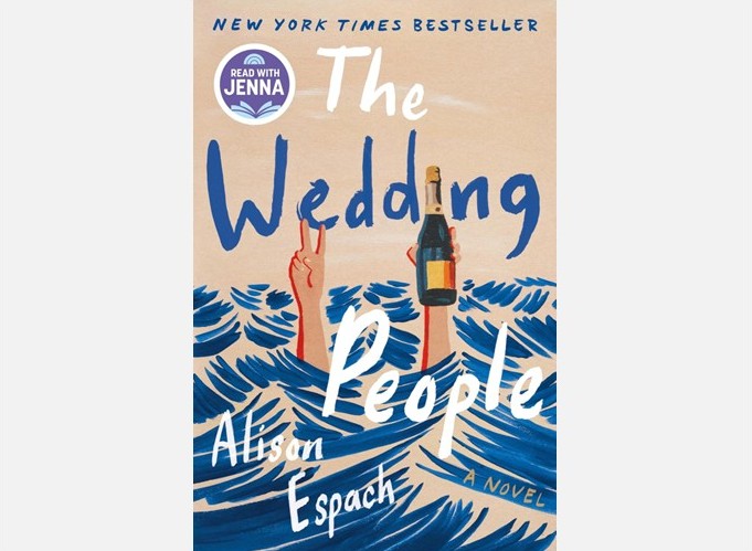 Cover of the novel The Wedding People by Alison Espach, showing two hands rising from stylized blue waves, one holding a champagne bottle, the other a glass, against a peach sky backdrop.